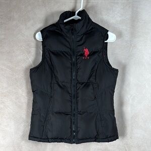 US Polo Assn Womens Medium Black Puffer Vest Red Pony Logo Equestrian Quilted